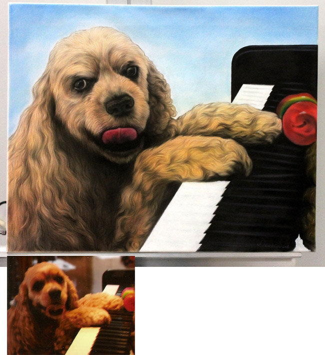 Realistic puppy portrait on a piano