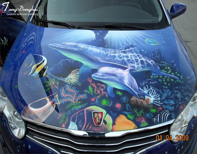 Airbrushed car hood with underwater scene