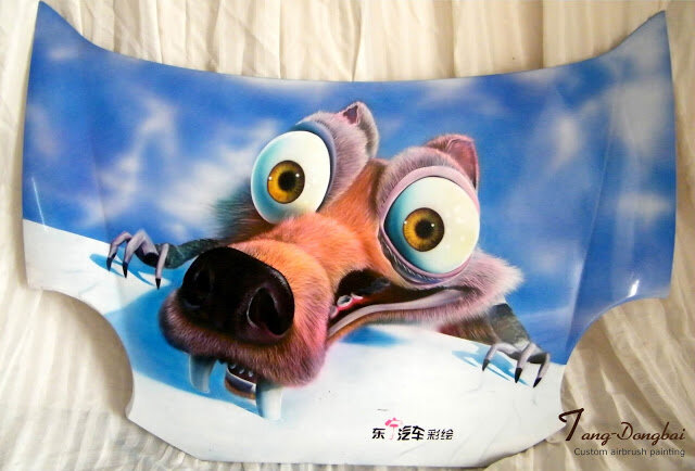 White car hood airbrushed with a cartoon character