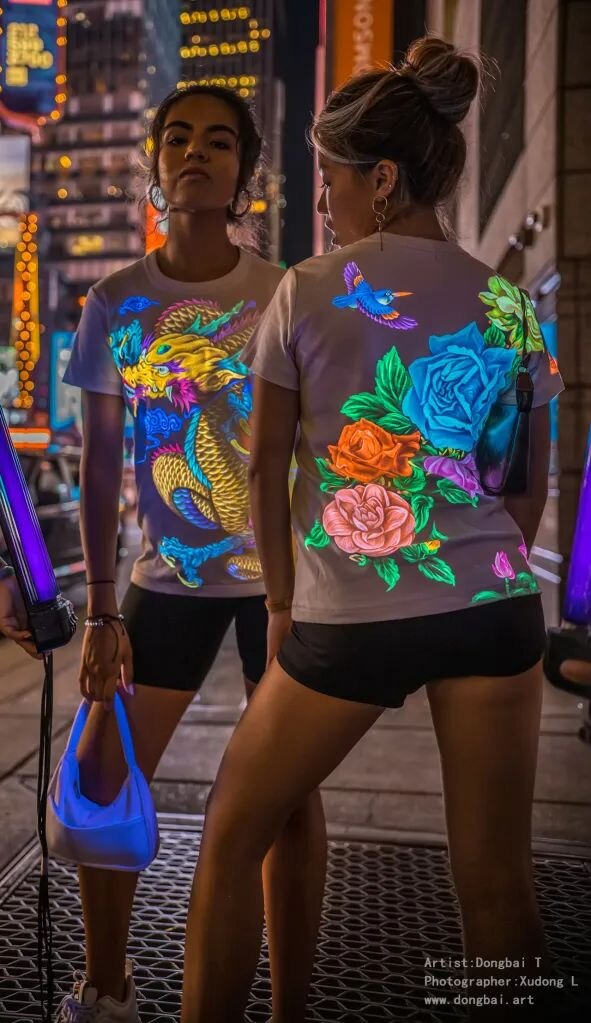 Glowing floral UV painted top on a city street