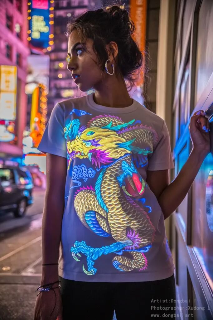 Glowing UV blacklight clothing and body painting