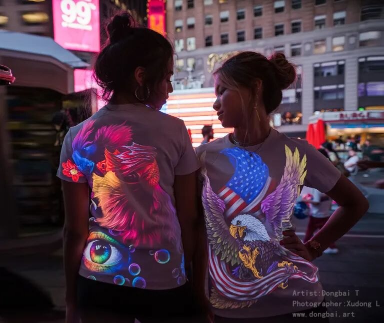 Vivid glowing clothing painting under blacklight