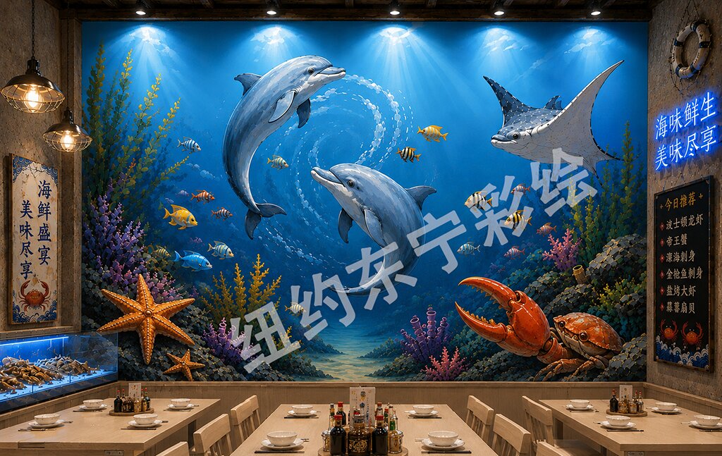 3D underwater dolphin restaurant mural by Dongbai Tang