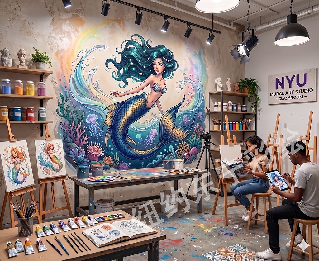 Mermaid mural hand-painted in the studio