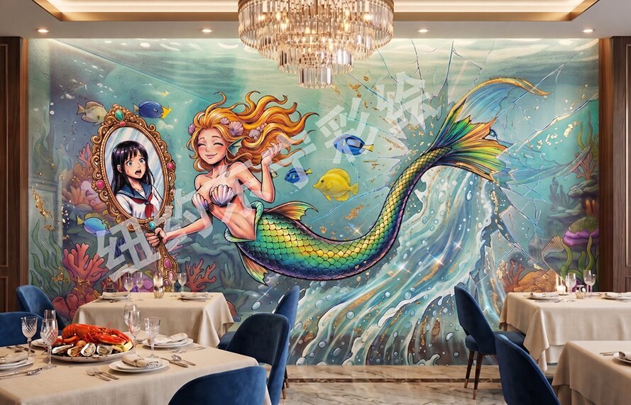 Elegant 3D mermaid restaurant mural