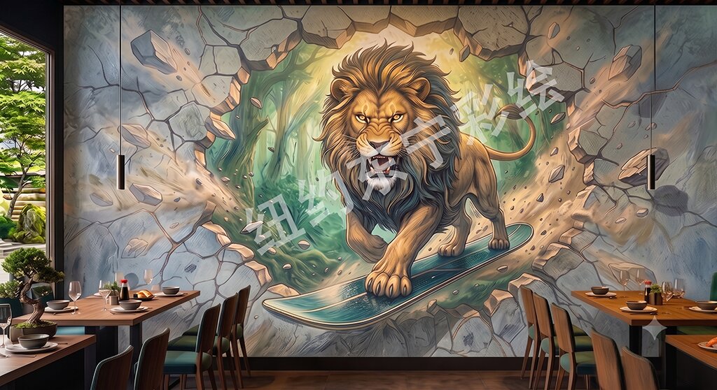 3D lion breaking through the wall mural